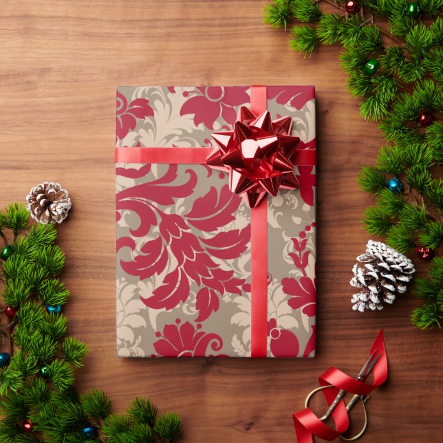Papier Cadeau Pays Noël rouge brun rustique motif floral (Cadeau de vacances)