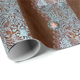 Papier Cadeau pays occidental turquoise brun à outils cuir