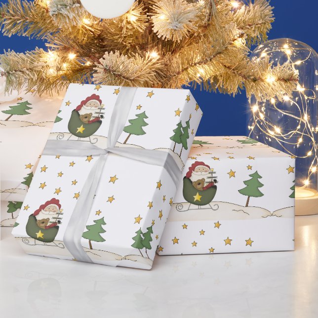 Papier Cadeau Pays primitif rustique Père Noël et étoiles Noël (Vacances)
