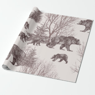 Papier Cadeau Paysage avec ours, oursons, arbres d'hiver et sapi