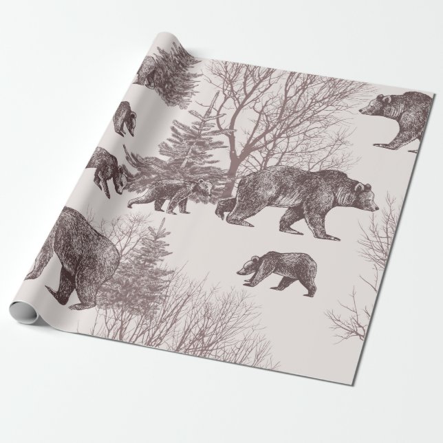 Papier Cadeau Paysage avec ours, oursons, arbres d'hiver et sapi (Déroulé)