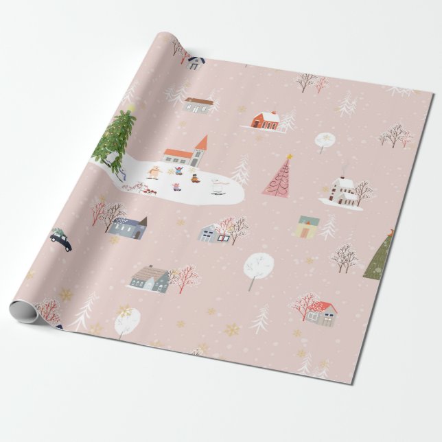 Papier Cadeau Paysage de Noël mignon et motif en t (Déroulé)