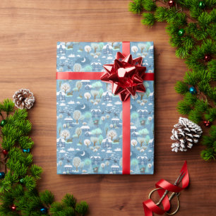Papier Cadeau Paysage hivernal enneigé bleu sarcelle mignon