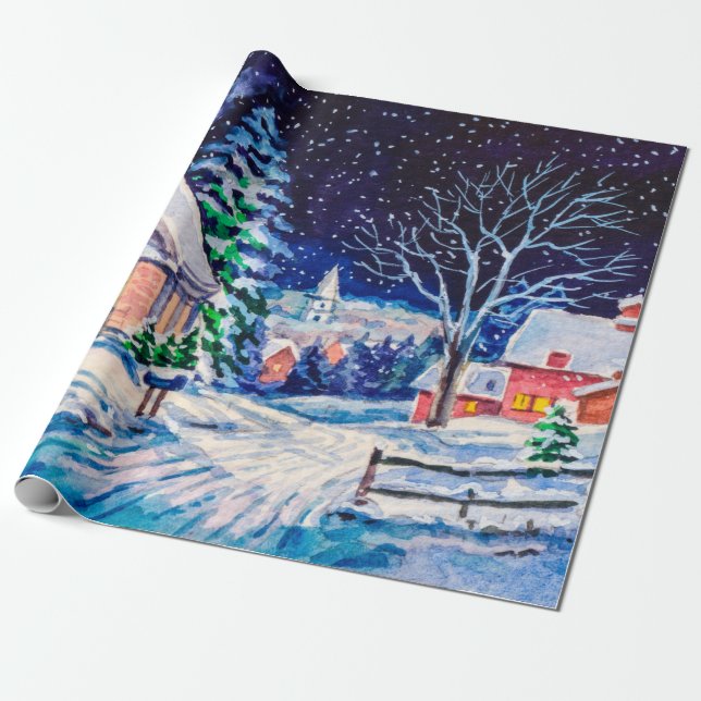 Papier Cadeau Paysage hivernal enneigé. Maison de campagne. Noël (Déroulé)