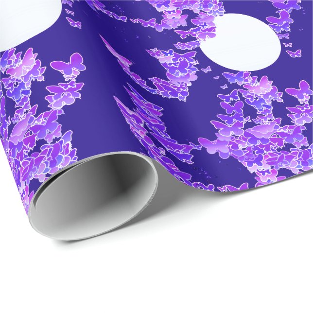 Papier Cadeau Paysage lunaire avec papillons - lilas, bleu foncé (Coin rond)