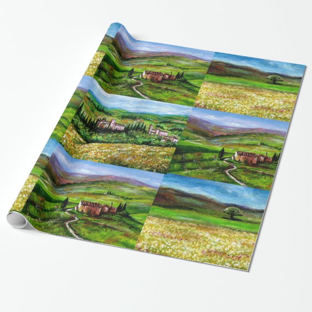 PAPIER CADEAU PAYSAGE TOSCANE, COLLINES VERTES CHAMPS DE FLEURS  (Déroulé)