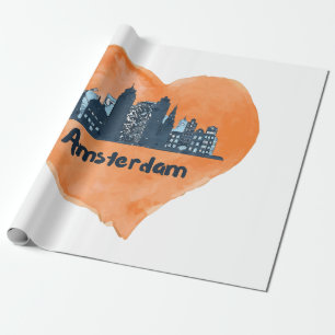 Papier Cadeau Paysage urbain coloré d'Amsterdam à l'aquarelle Cœ