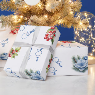 Papier Cadeau Peace & Joy Joyeux Noël Baies rouges en blanc