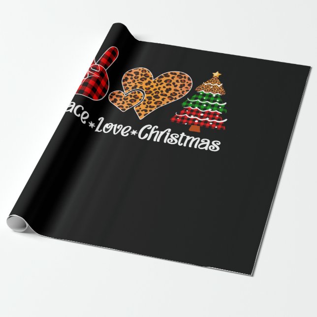 Papier Cadeau Peace Love Christmas Tree Plaid Empreinte de léopa (Déroulé)