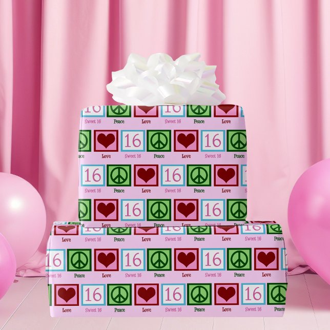 Papier Cadeau Peace Love Sweet 16 anniversaire (Créateur téléchargé)