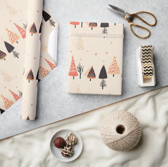 Papier Cadeau Peach, Black Polka Dot Trees with Snowflakes (Artisanat)