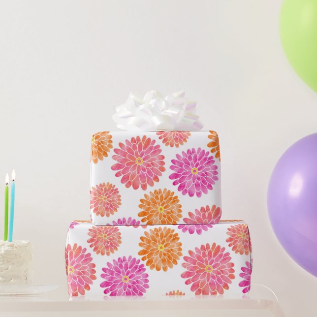 Papier Cadeau Peach rose orange aquarelle Zinnia Motif (Cadeaux de fête)