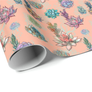 Papier Cadeau *~* Peach Saumon Blue Green Succulent Motif