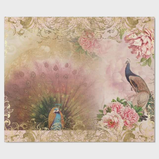 Papier Cadeau Peacock Blush rose Peony Floral Gold Decoupage (Plat)
