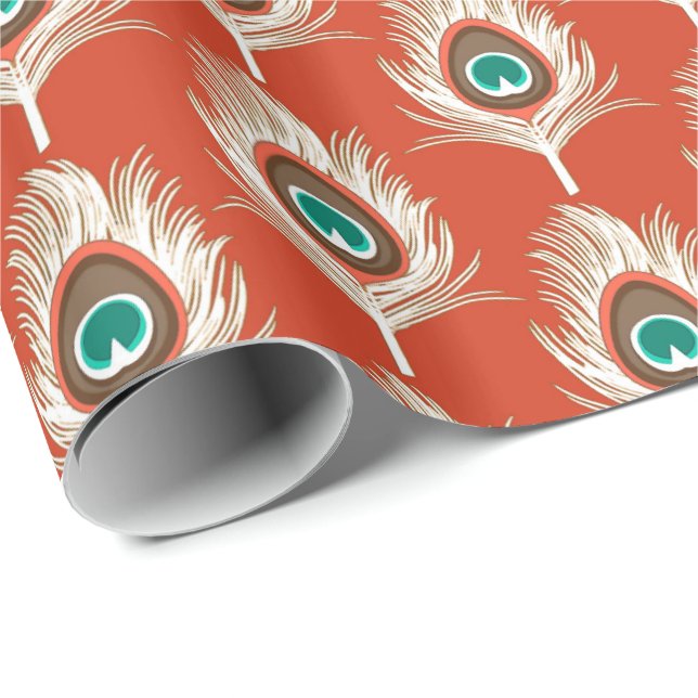 Papier Cadeau Peacock Feathers, Blanc sur Mandarin Orange (Coin rond)