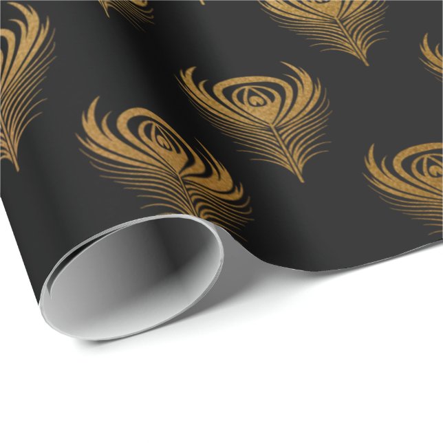Papier Cadeau Peacock Noir Or Plumes Élégante Classique (Coin rond)