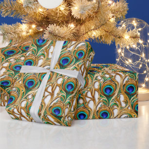 Papier Cadeau Peacock plumes iridescente or de luxe sans soudure