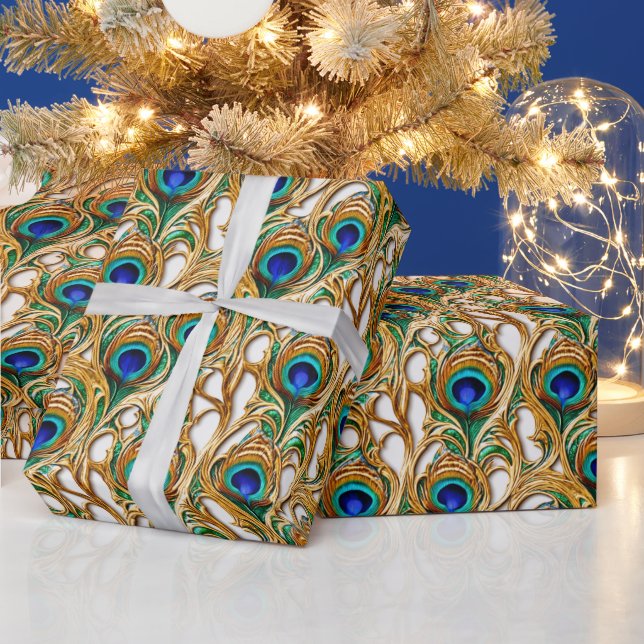 Papier Cadeau Peacock plumes iridescente or de luxe sans soudure (Vacances)