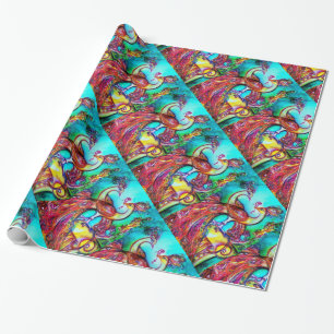 Papier Cadeau PEACOCKS EN AMOUR, rouge aqua bleu vert