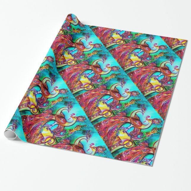 Papier Cadeau PEACOCKS EN AMOUR, rouge aqua bleu vert (Déroulé)