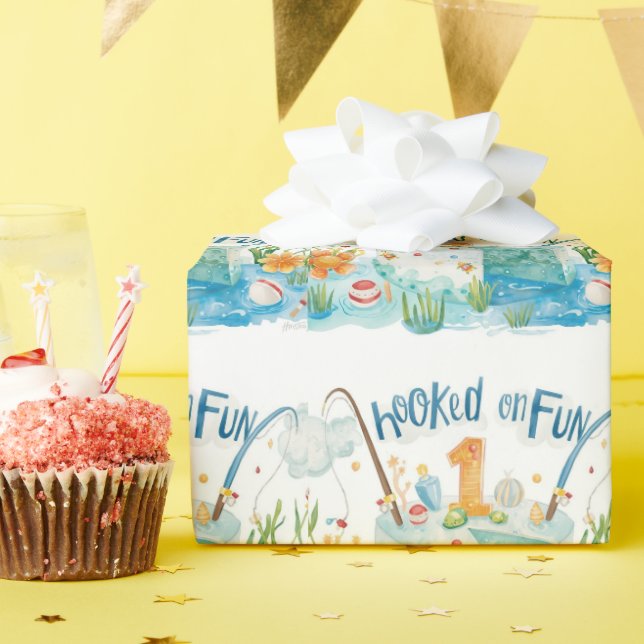 Papier Cadeau Pêche 1er anniversaire avec gâteau (Fête d'anniversaire)