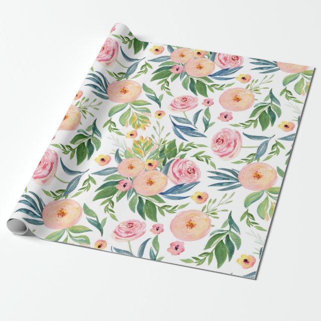 Papier Cadeau Pêche pastel et pivoines roses fleurs de printemps (Déroulé)
