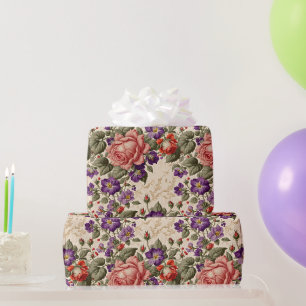 Papier Cadeau Pêche romantique et Roses de corail