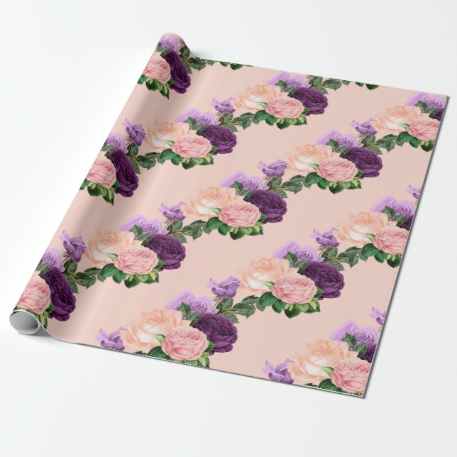 Papier Cadeau Pêche rose et lavande violet florale (Déroulé)