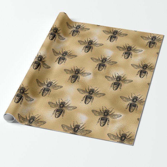 Papier Cadeau Peigne de miel d'abeille Queen Métallique Or Sepia (Déroulé)