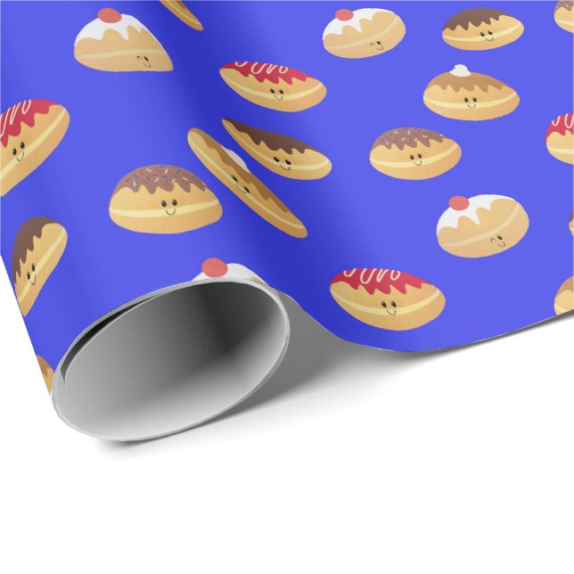 Papier Cadeau peint à la main, mignon Hannukah doughnut motif gu (Coin rond)
