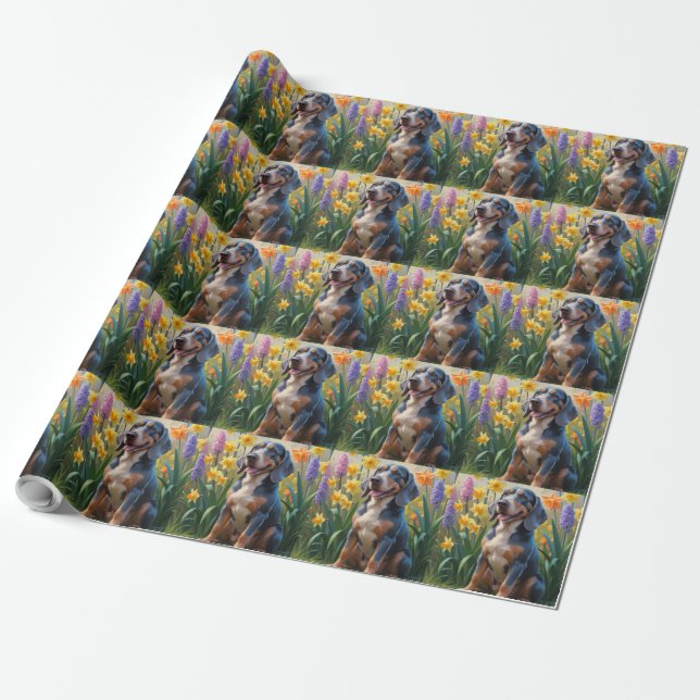 Papier Cadeau Peinture Bluetick Coonhound Chien Fleurs de printe (Déroulé)
