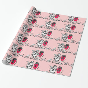 Papier Cadeau PEINTURE D'ANGE FLEURS ROSES Saint-Valentin