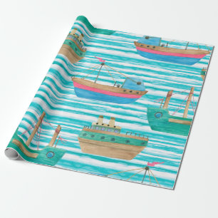 Papier Cadeau Peinture d'aquarelle en continu motif avec bateaux