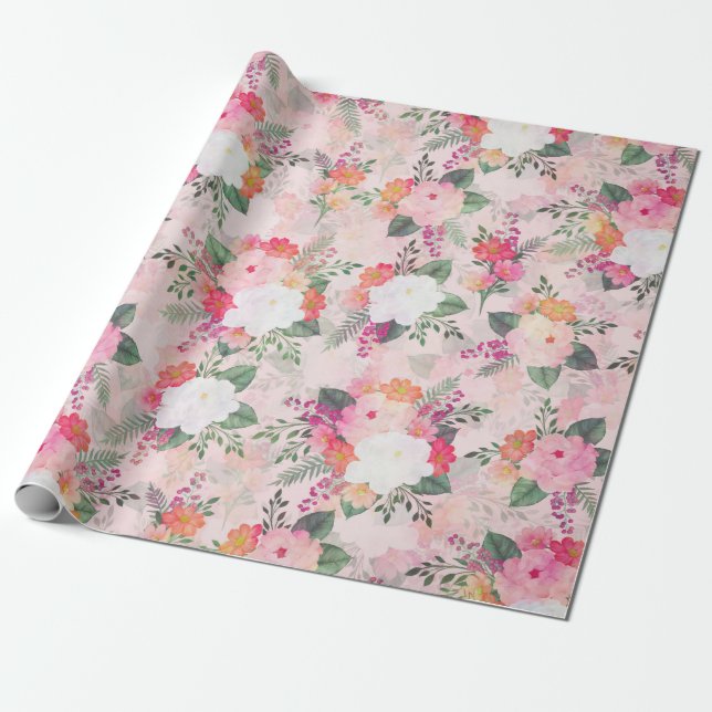 Papier Cadeau Peinture d'aquarelle rose romantique (Déroulé)