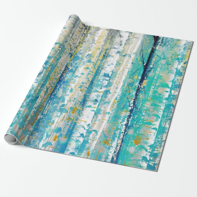 Papier Cadeau Peinture de bouleau Abstrait turquoise et or (Déroulé)