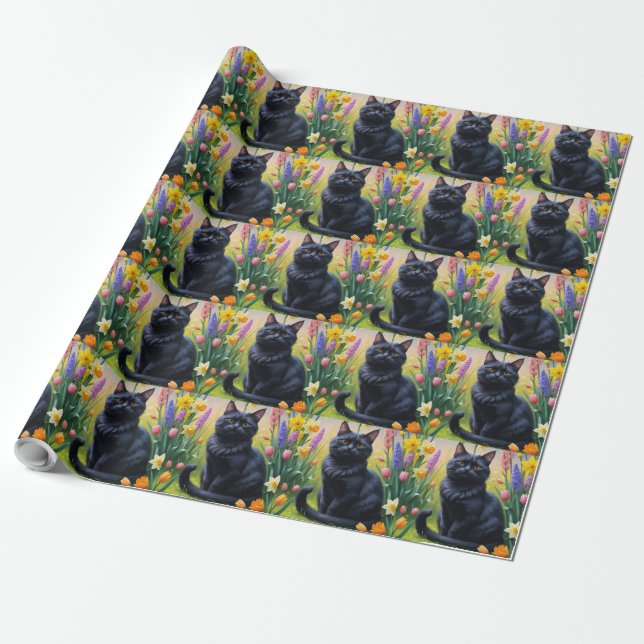 Papier Cadeau Peinture de fleurs de printemps de chats noirs (Déroulé)