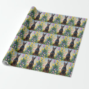 Papier Cadeau Peinture de fleurs de printemps de chien Doberman