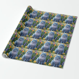 Papier Cadeau Peinture de fleurs printanières au chat bleu orien