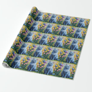 Papier Cadeau Peinture de fleurs printanières de chat bleu russe
