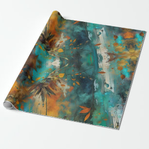 Papier Cadeau Peinture de récolte d'automne Turquoise Rouille Or