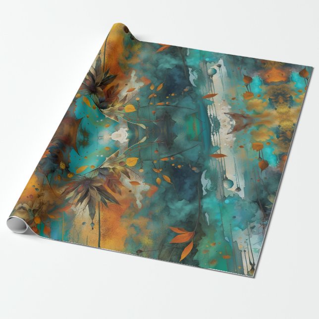 Papier Cadeau Peinture de récolte d'automne Turquoise Rouille Or (Déroulé)