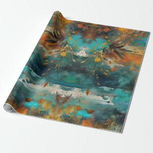Papier Cadeau Peinture de récolte d'automne Turquoise Rouille Or