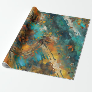 Papier Cadeau Peinture de récolte d'automne Turquoise Rouille Or