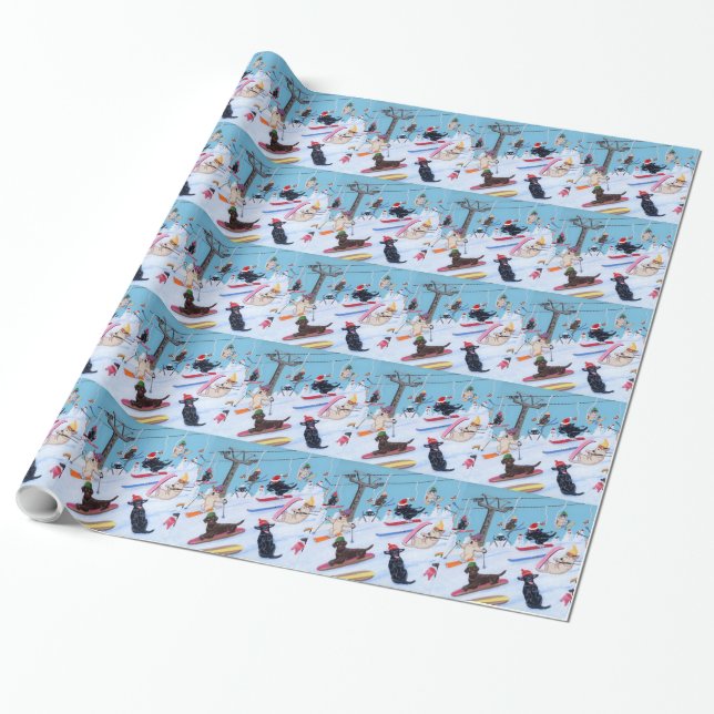 Papier Cadeau Peinture de ski de Labradors de Noël d'amusement (Déroulé)