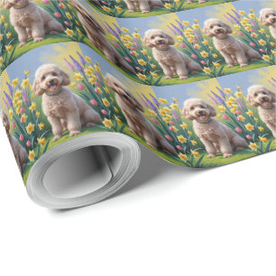 Papier Cadeau Peinture Fleurs de Printemps de Chien Caniche
