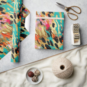 Papier Cadeau Peinture léopard rose turquoise