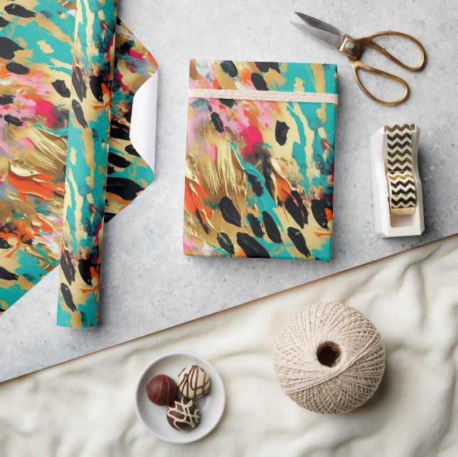 Papier Cadeau Peinture léopard rose turquoise (Artisanat)