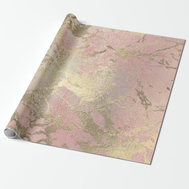 Papier Cadeau Peinture rose Blush Foxier Marbre Or brillant bril (Déroulé)