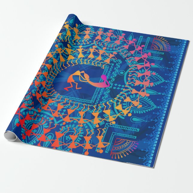 Papier Cadeau Peinture Warli - main dessinée traditionnelle l'An (Déroulé)