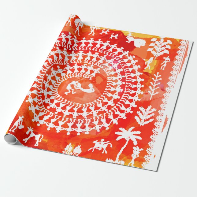 Papier Cadeau Peinture Warli - main dessinée traditionnelle l'An (Déroulé)